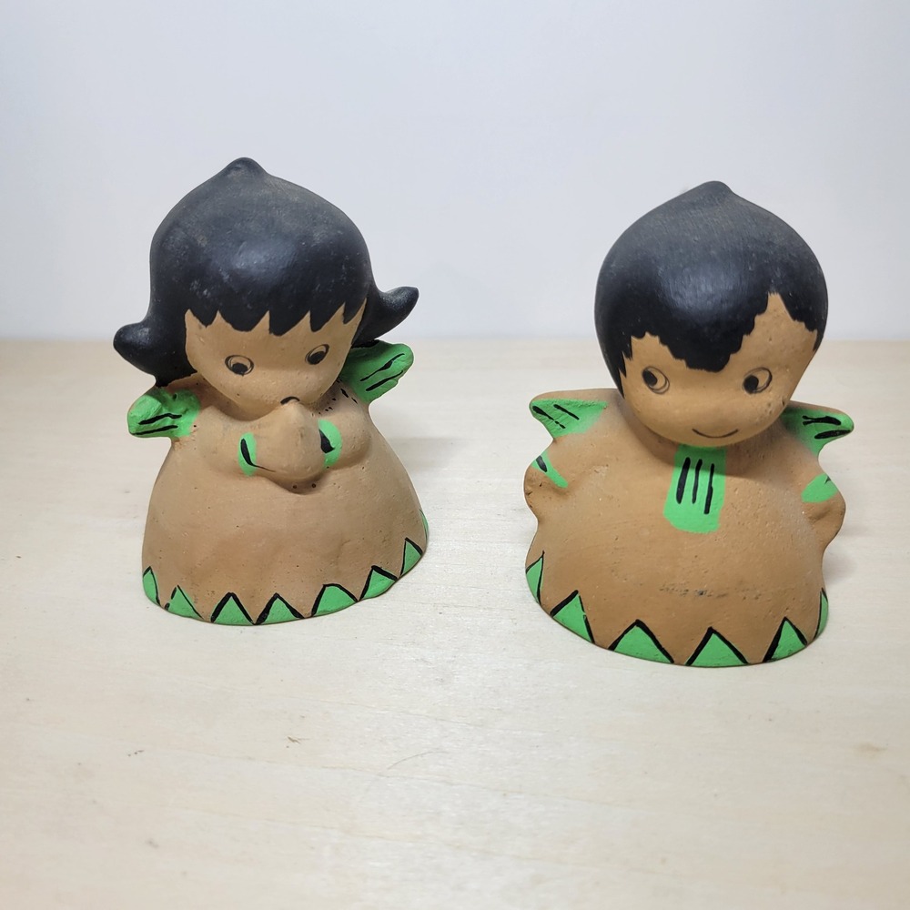 Vintage Mexican Folk Art Clay Pottery Bell Boy‎ Girl Figurines